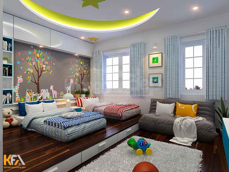 Thiết kế phòng ngủ hai giường đôi cho hai bé