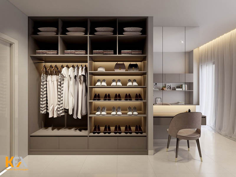 Lựa chọn tủ quần áo kết hợp bàn trang điểm có kích thước phù hợp với không gian phòng ngủ