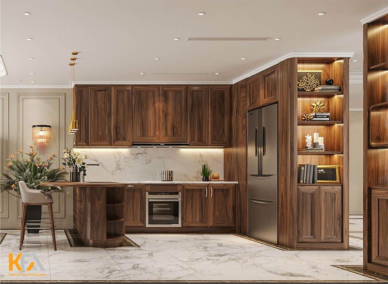 Không gian phòng bếp được thiết kế bằng gỗ tự nhiên đầy ấn tượng