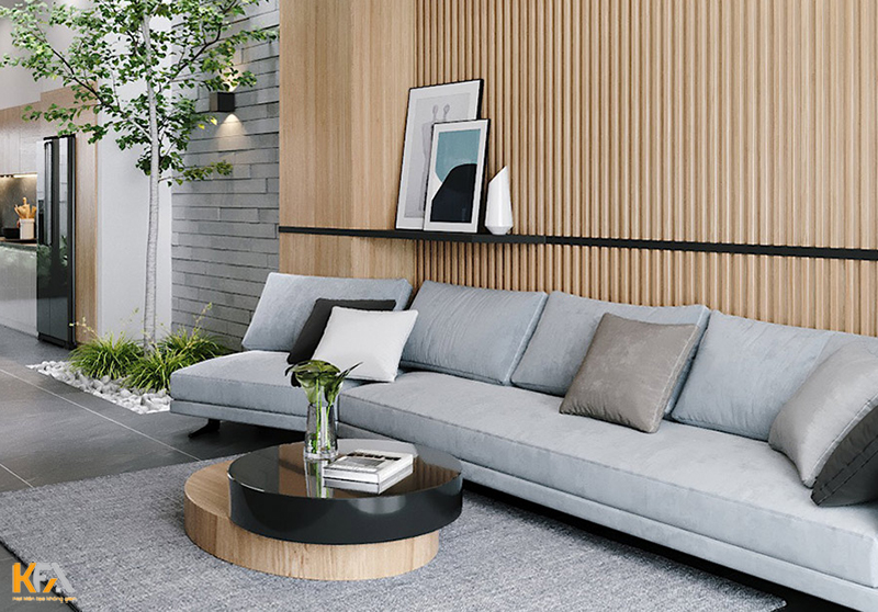 Một thiết kế bàn trà tròn 2 tầng đầy hiện đại cho sofa nhà phố hiện đại