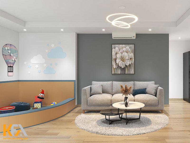 Thiết kế nội thất chung cư có phòng khách kết hợp khu vui chơi cho bé