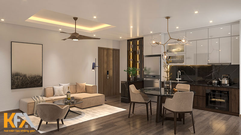 Thiết kế nội thất chung cư với phòng khách và phòng bếp liên thông với nhau