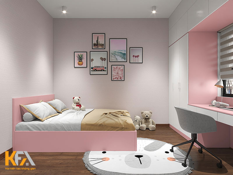 Thiết kế nội thất chung cư với phòng ngủ của bé sử dụng tone hồng pastel chủ đạo