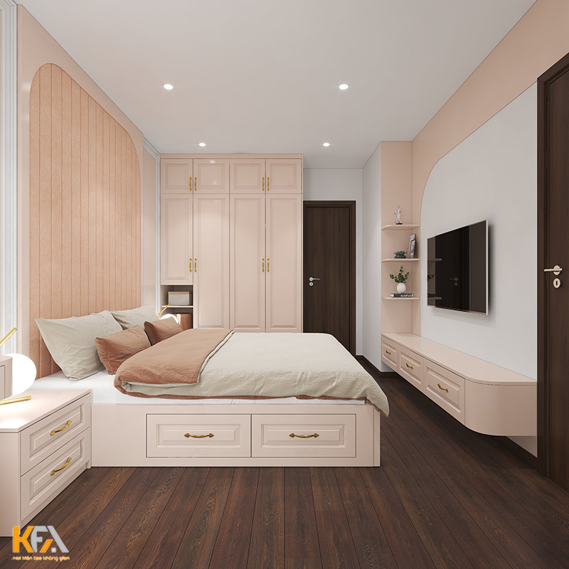 Thiết kế phòng ngủ Master đầy ấn tượng với tone màu hồng vàng nhẹ nhàng