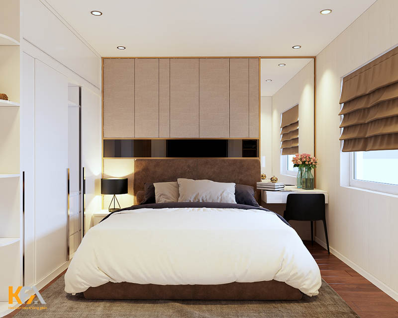 Phòng ngủ 10m2 cho vợ chồng mới cưới với nhiều đồ nội thất đa năng, thiết kế âm tường