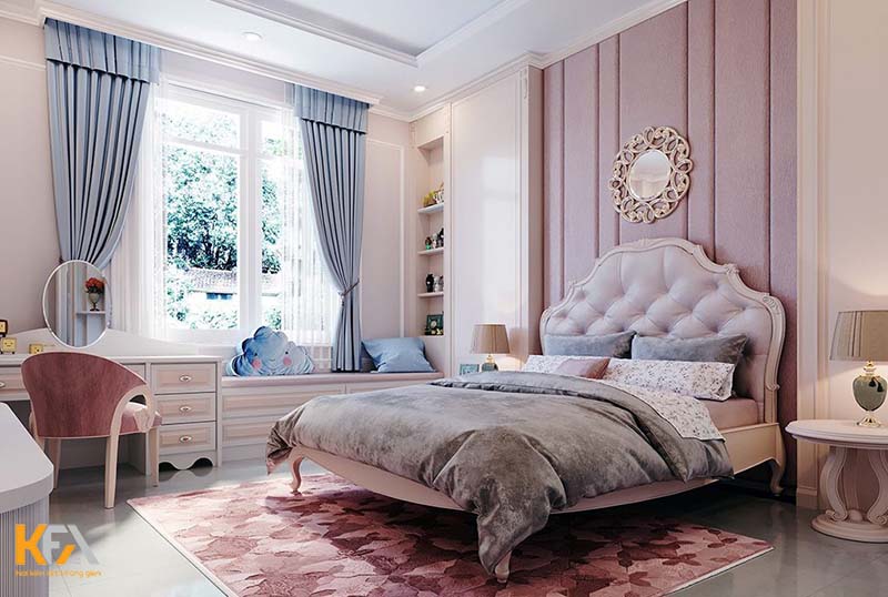 Phòng ngủ đẹp cho vợ chồng mới cưới với tone tím hồng lãng mạn