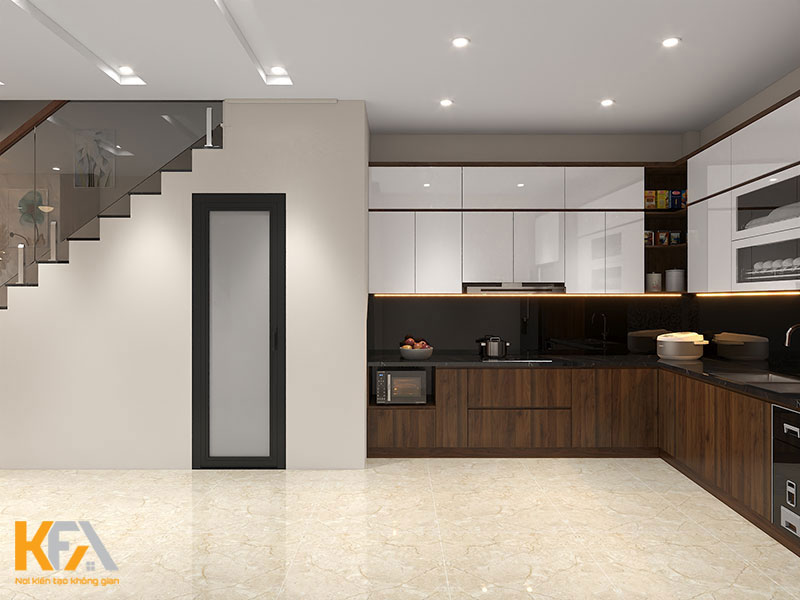 Thiết kế nội thất nhà ống sử dụng chất liệu gỗ óc chó cho không gian phòng bếp