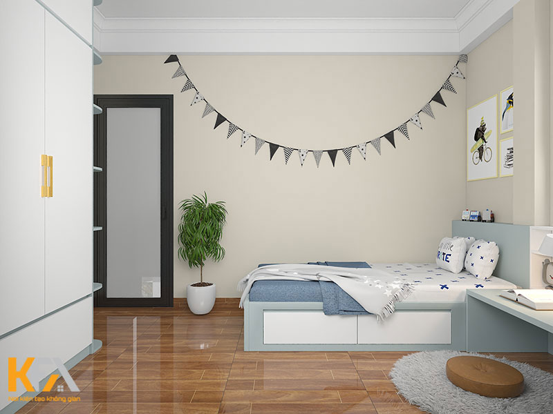 Thiết kế nội thất phòng ngủ cho bé trai đơn giản, sử dụng tone xanh pastel làm chủ đạo