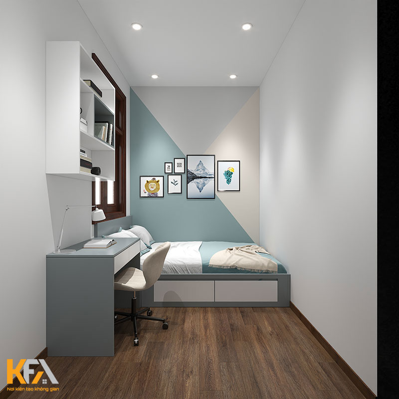Thiết kế nội thất phòng ngủ nhỏ, sử dụng tone xanh pastel và trắng chủ đạo