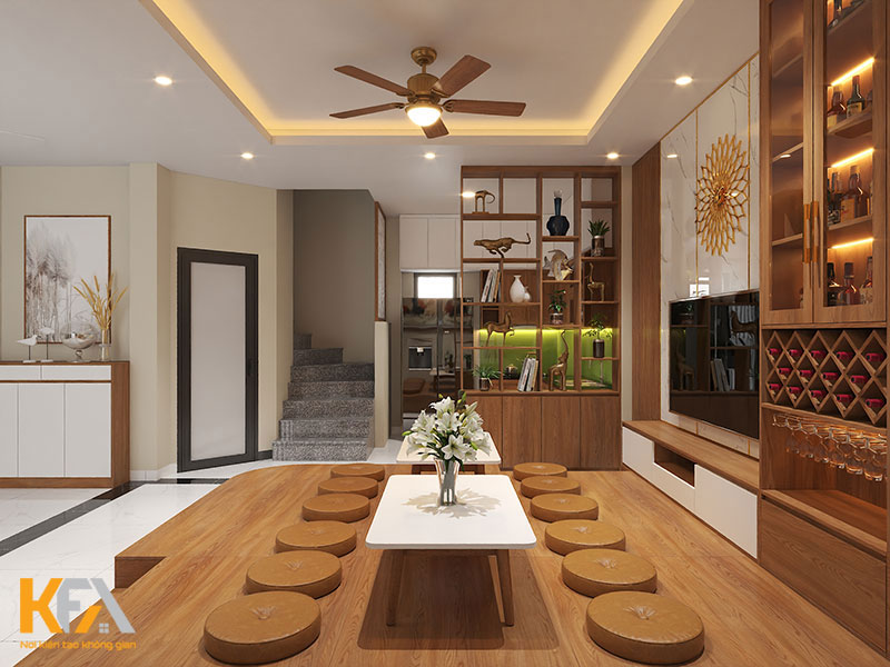 Sử dụng vách ngăn mở chất liệu gỗ phân tách không gian phòng khách và phòng bếp