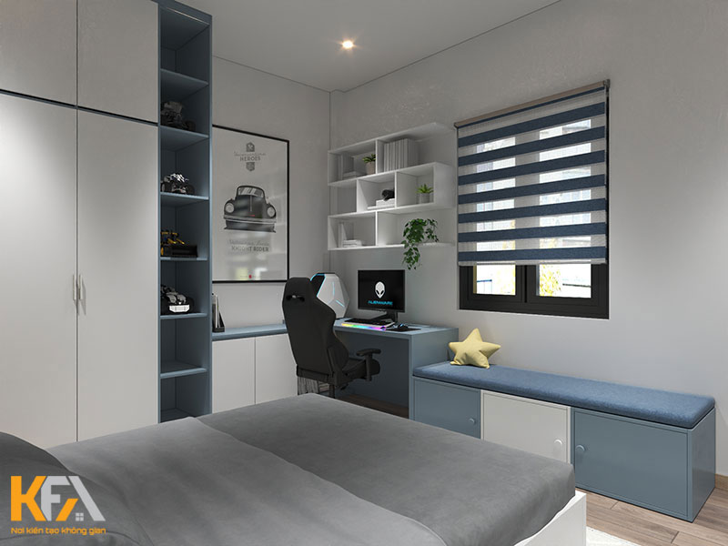 Thiết kế nội thất phòng ngủ cho bé trai sử dụng nội thất đa năng và tone xanh chủ đạo