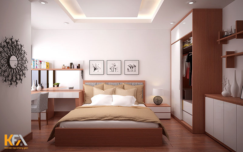 Thiết kế phòng ngủ đẹp cho nam sử dụng bàn làm việc và giường ngủ có cùng tone màu nâu gỗ