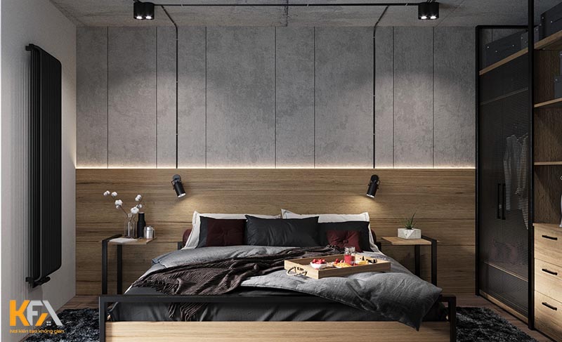 Thiết kế phòng ngủ đẹp cho nam đơn giản, hiện đại với tone đen xám chủ đạo