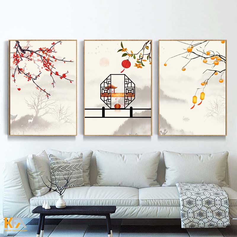 Trang trí tường phòng khách với tranh bộ 3 bức tranh phong thủy