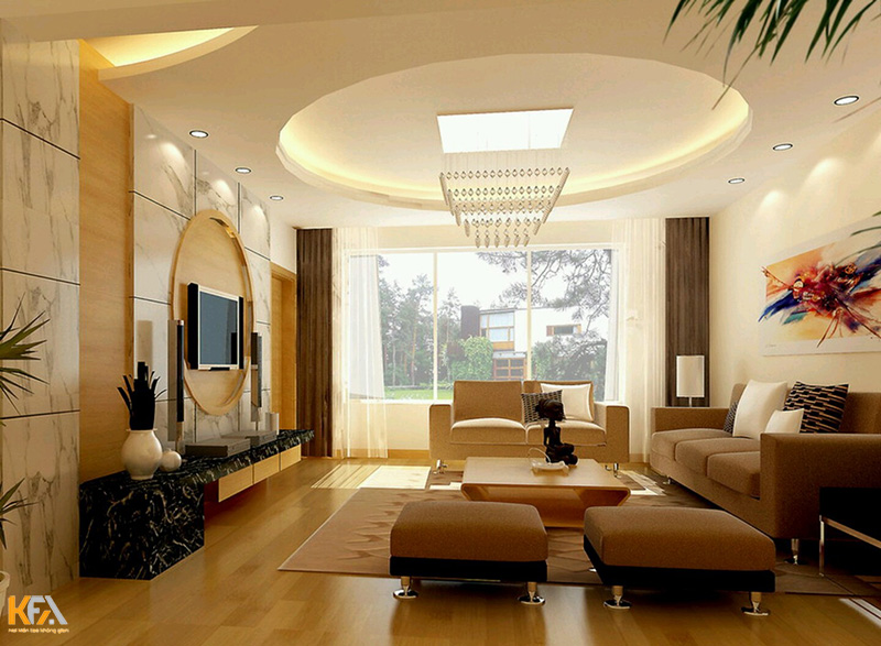 Trần thạch cao cho không gian phòng khách hiện đại với thiết kế hình tròn cuốn hút