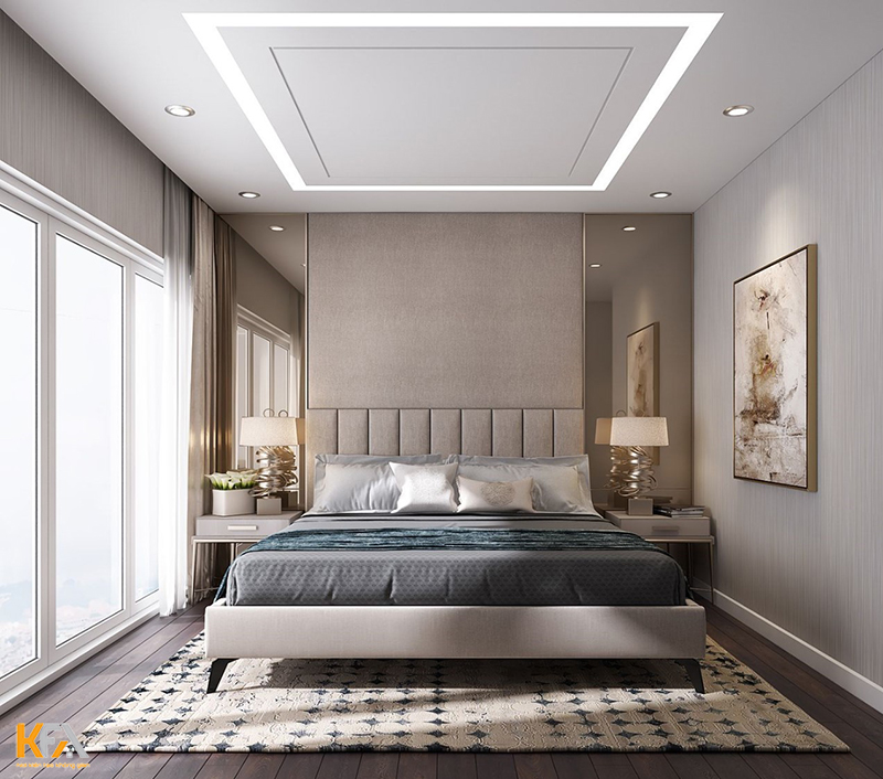 Trần thạch cao phẳng trong phòng ngủ với thiết kế đèn âm ấn tượng
