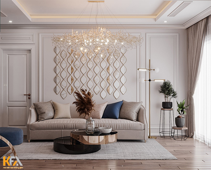 Thiết kế nội thất phòng khách chung cư phong cách tân cổ điển đầy cuốn hút với gam màu hồng vàng 