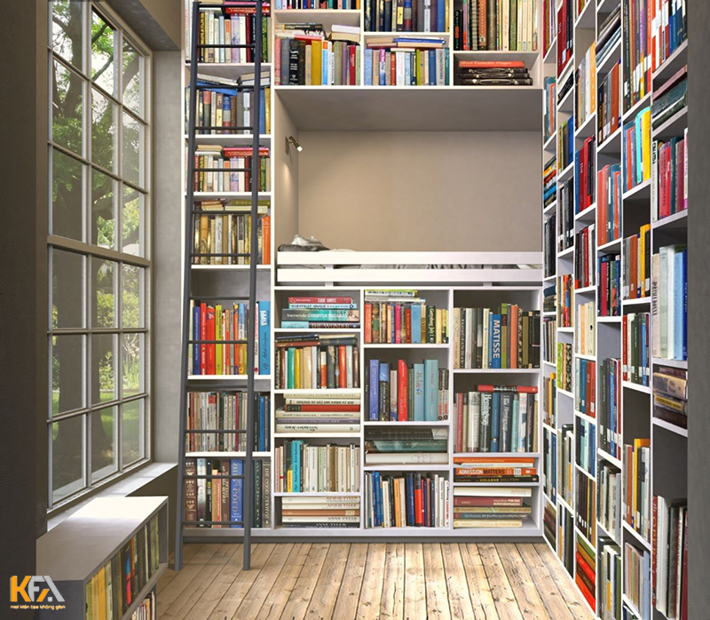 Phòng đọc sách với khung kính nhìn ra vườn cây đầy lãng mạn