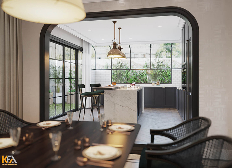 Thiết kế nội thất phòng bếp thoáng rộng gồm cả bàn bar và bàn ăn tiện nghi