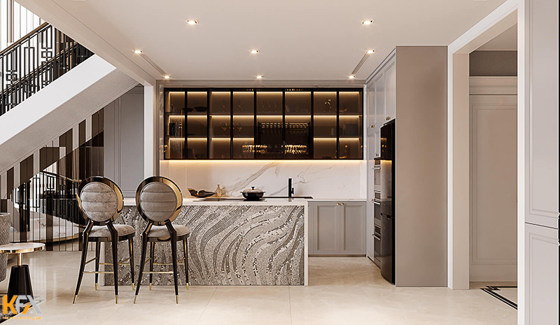 Thiết kế không gian bếp nhỏ gọn với tone màu trắng tinh tế