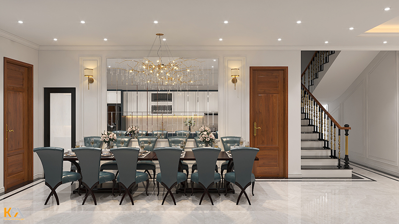 Thiết kế không gian phòng bếp với bộ bàn ăn 10 ghế tone màu xanh coban nhẹ nhàng