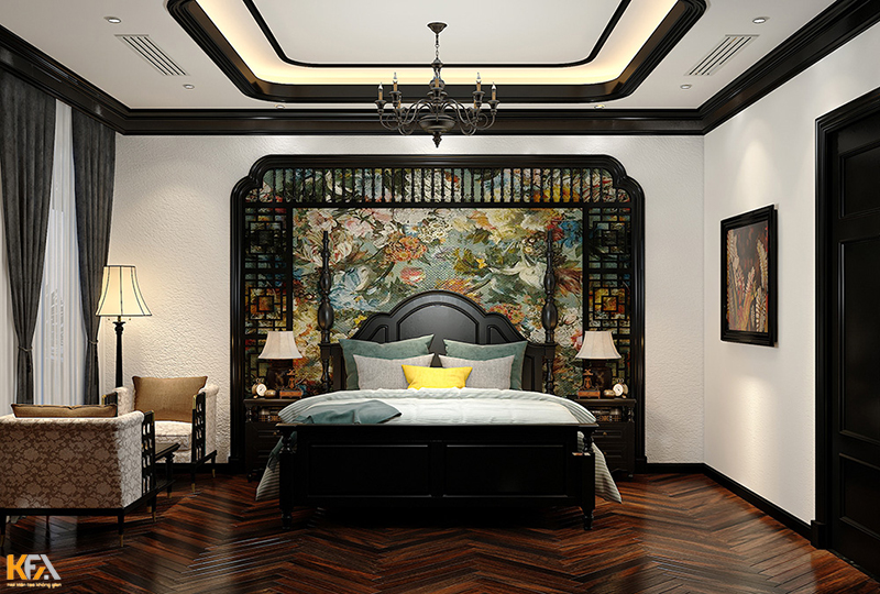Mẫu thiết kế combo nội thất phòng ngủ phong cách Indochine gây ấn tượng bởi hoa văn trang trí