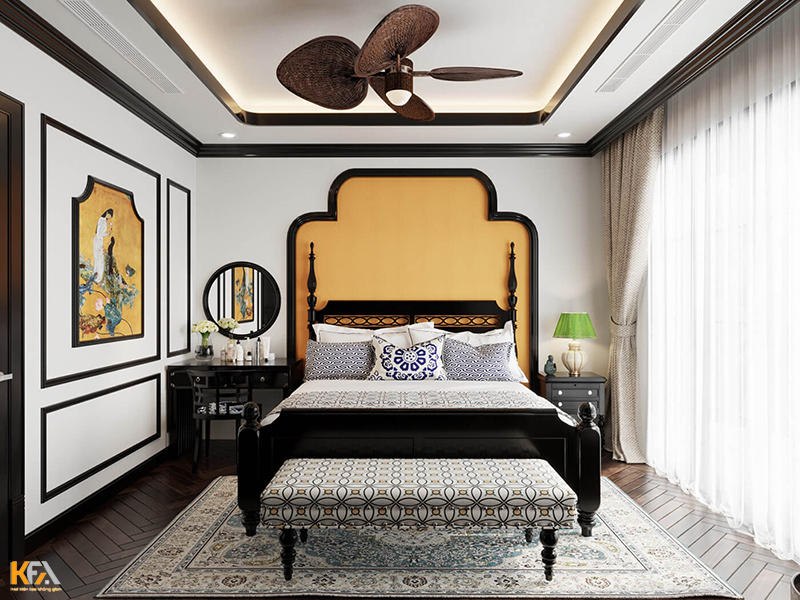 Thiết kế combo nội thất phòng ngủ phong cách indochine hơi hướng hiện đại