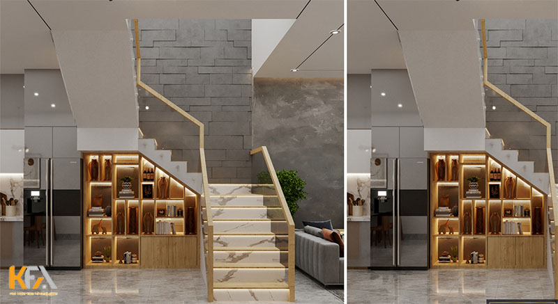 Ngăn cách giữa phòng khách và bếp là cầu thang với thiết kế rất đơn giản.