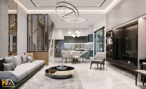 Nội thất phòng khách nhà phố với phong cách Luxury tông màu trắng nhẹ nhàng