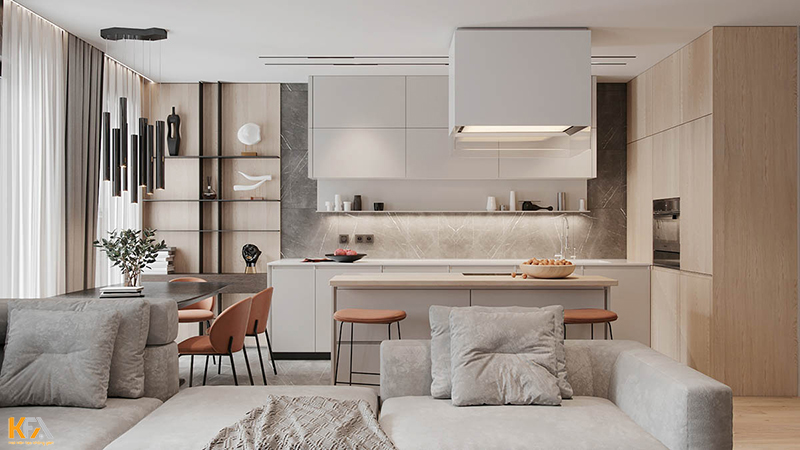 Mẫu thiết kế không gian phòng khách liền bếp với tone trắng giúp không gian mở rộng