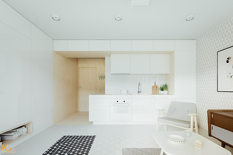 Thiết kế nhỏ gọn cho căn phòng diện tích nhỏ nhưng đầy đủ không gian khách + bếp với tone màu trắng