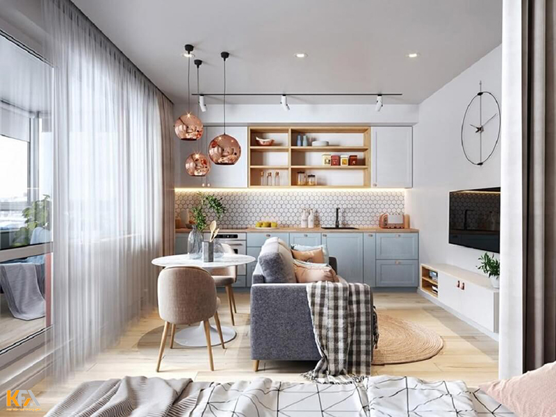 Mẫu thiết kế không gian phòng khách+ bếp hiện đại, ấn tượng