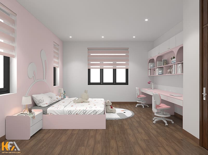 Phòng ngủ của con gái chủ nhà với tone hồng-trắng nhẹ nhàng