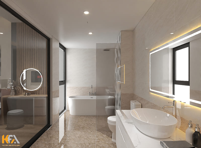 Phòng tắm được phân chia thành 2 khu vực bằng vách kính 