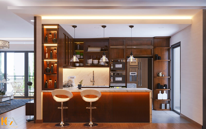 Tủ bếp chung cư hiện đại tích hợp quầy bar