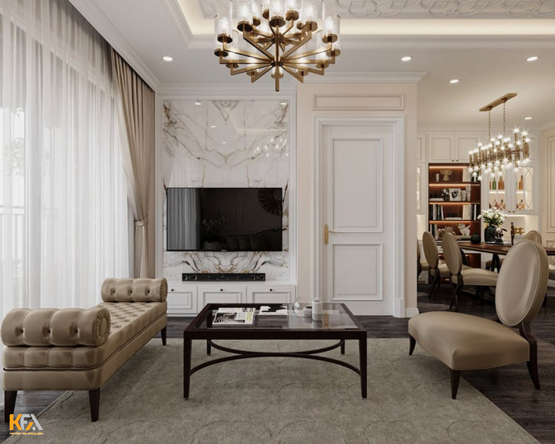 Thiết kế phòng khách phong cách tân cổ điển nhấn mạnh vào những thiết kế nội thất tỉ mỉ