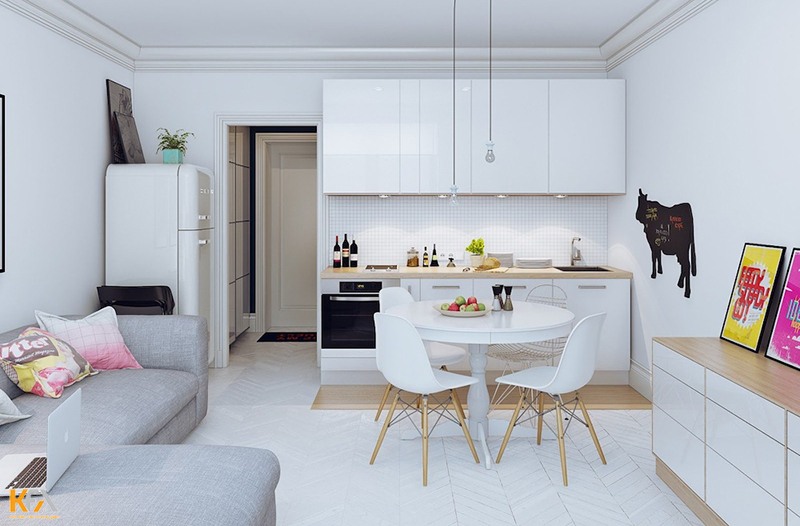 Mẫu thiết kế nội thất gan phòng bếp liền khách tone màu trắng tận dụng tối đa hiệu ứng ánh sáng tự nhiên