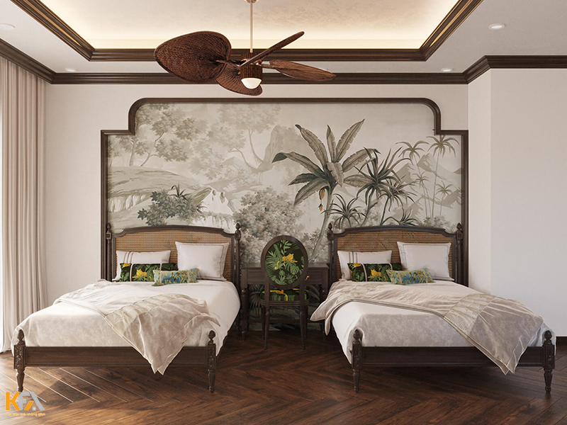 Mẫu thiết kế phòng ngủ với 2 giường đơn cho các bạn nhỏ mang nét đẹp riêng của phong cách Indochine