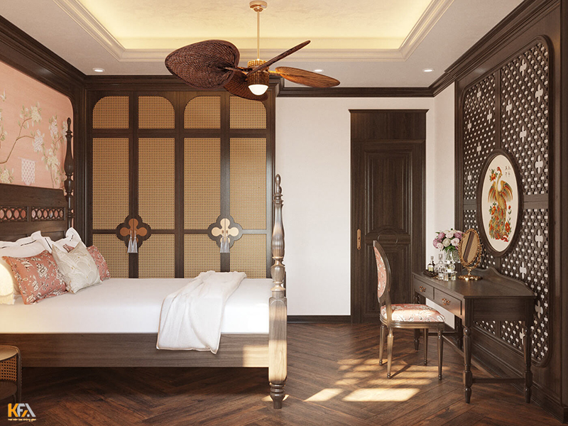 Căn phòng ngủ phong cách Đông Duong toát lên vẻ đẹp đầy truyền thống dưới ánh nắng vàng