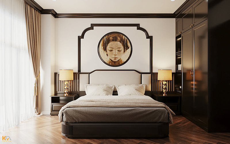 Căn phòng ngủ Á Đông được thiết kế với không gian tối giản, mang đến nhiều khoảng không cho căn phòng