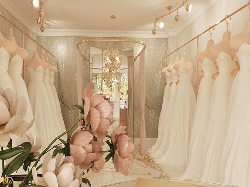 Mẫu thiết kế showroom áo cưới tone màu thơ mộng, nhẹ nhàng