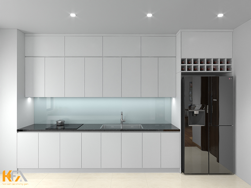 Phòng bếp được thiết kế màu trắng chủ đạo tạo nên vẻ đẹp thanh lịch, hiện đại