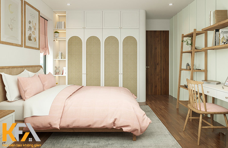 Phòng ngủ phụ thứ nhất có sự đồng điệu về chất liệu nhưng màu sắc tươi sáng hơn