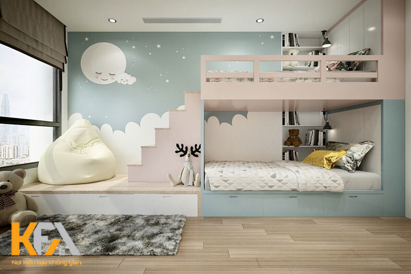 Phòng ngủ của 2 cô công chúa với thiết kế giường đôi thông minh, tiết kiệm diện tích