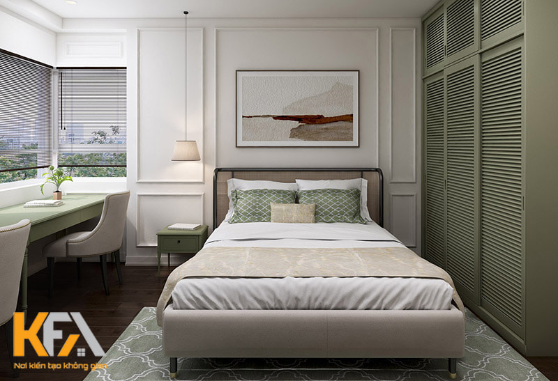 Thiết kế không gian phòng ngủ của bố mẹ chủ đạo với 2 gam màu xanh - trắng