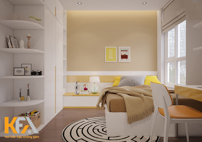 Căn phòng được trang bị đầy đủ nội thất cơ bản như giường, tủ quần áo, bàn làm việc