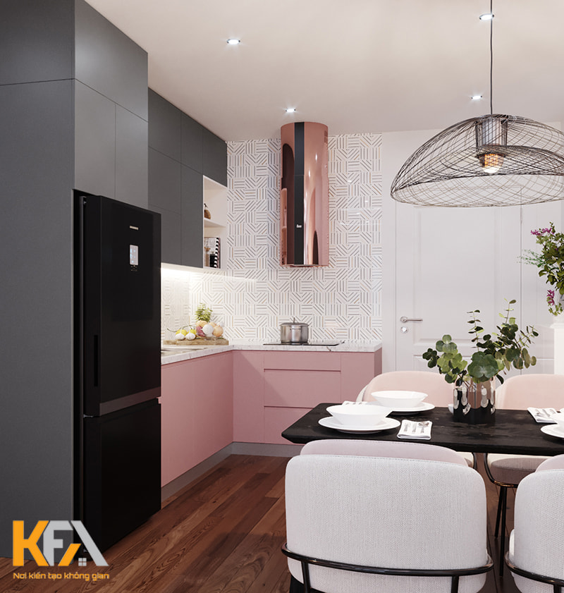Tủ bếp màu xám hồng hiện đại, cá tính