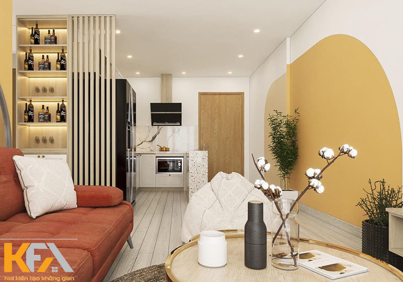 Phòng bếp được thiết kế nhỏ gọn, dành nhiều diện tích hơn cho phòng khách