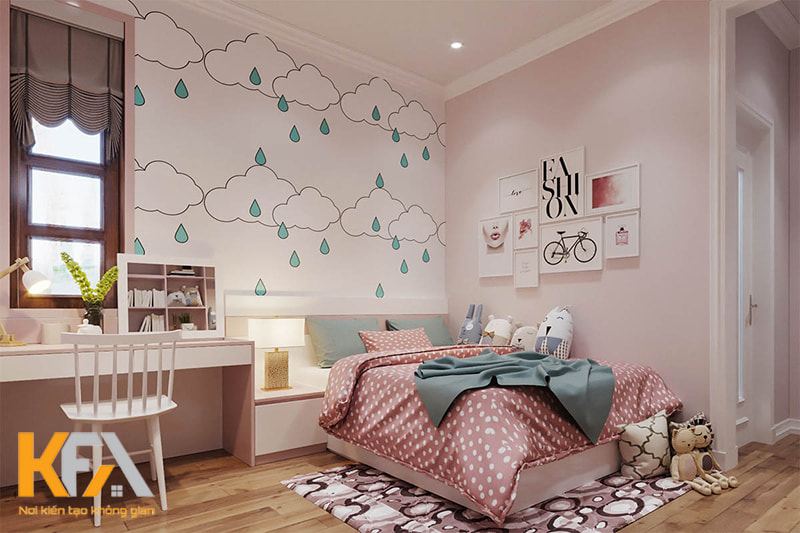 Mẫu thiết kế phòng ngủ 12m2 màu hồng thanh lịch được các bé gái rất yêu thích
