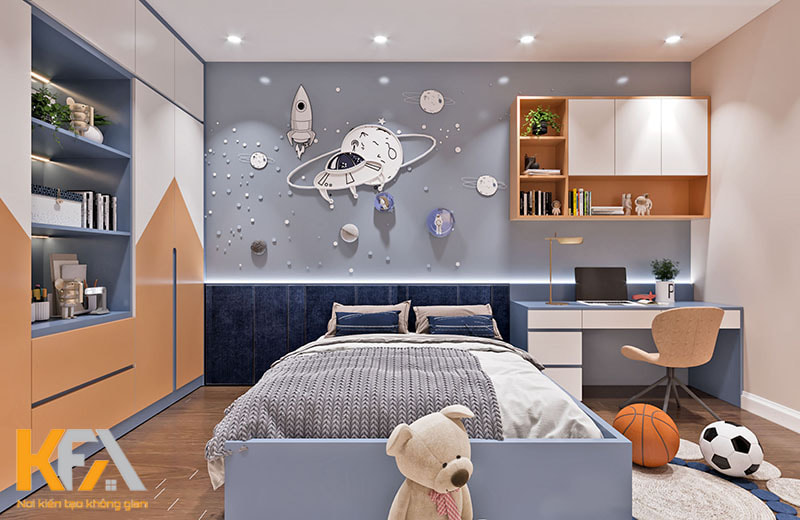 Decor phòng ngủ 12m2 của bé trai bằng họa tiết vũ trụ và bóng đá